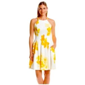Calvin Klein Scuba Fit-n-flare Floral Yellow and White Women's Dress Size 12